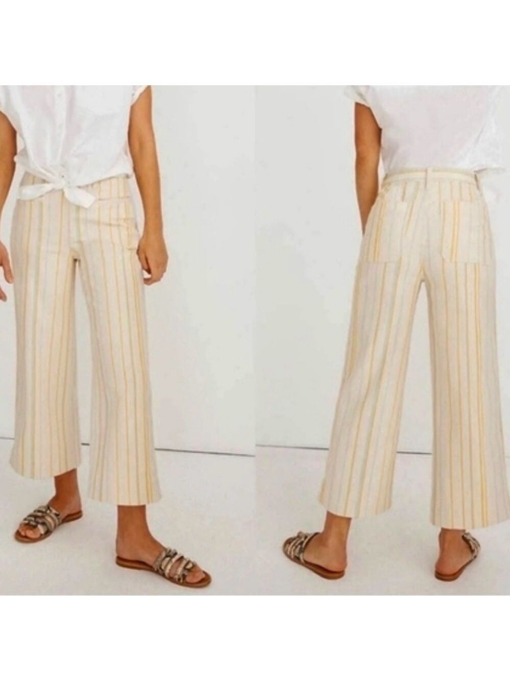 Madewell Emmett High Rise Wide Leg Crop Pants Cream Yellow Blue Stripe size 26